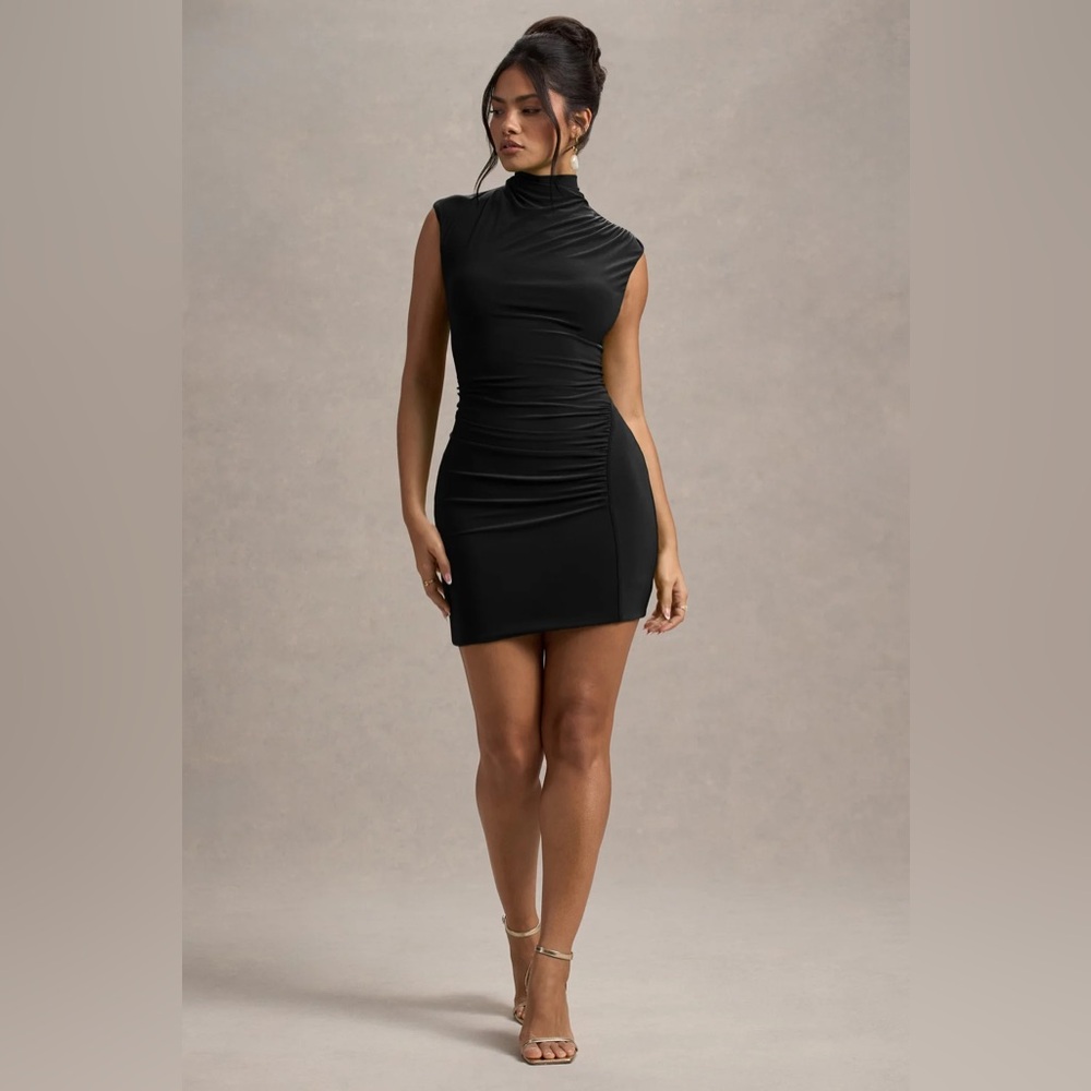 Club L London Black Ruched Mock Neck Mini Dress